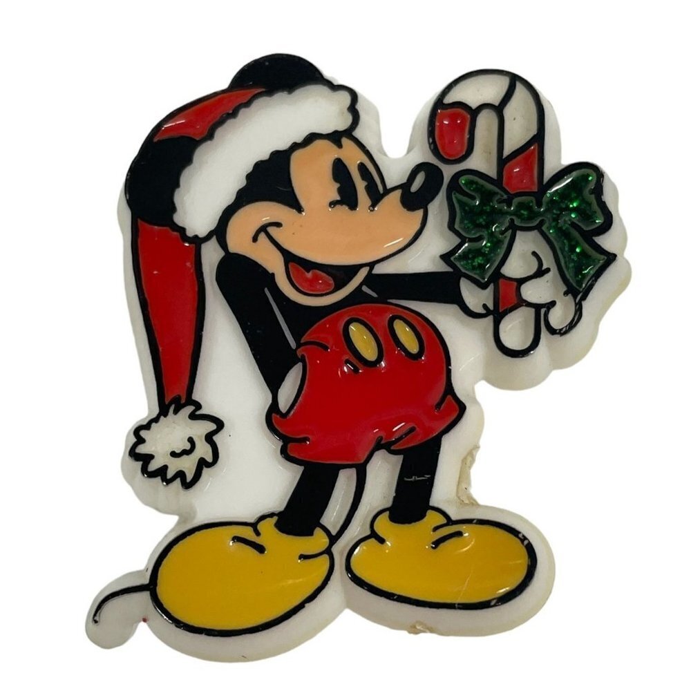 Walt Disney Santa Mickey Mouse Christmas Candy Cane Plastic Brooch‎ Pin VTG